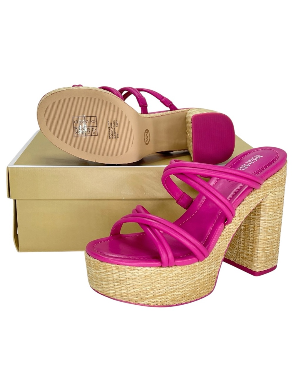 Michael Kors Corrine Pink Leather Raffia Womens Platform Sandals Size 7.5M - Picture 11 of 12